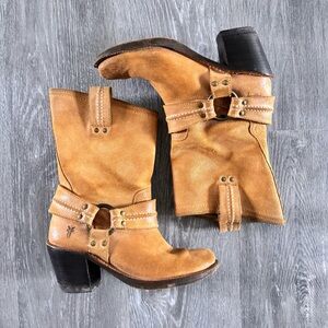 Frye Tan Suede Carmen Harness Heeled Boots